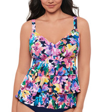 Swim Solutions Women's Garden Swan Triple-Tiered Tankini, Navy Multi, 16