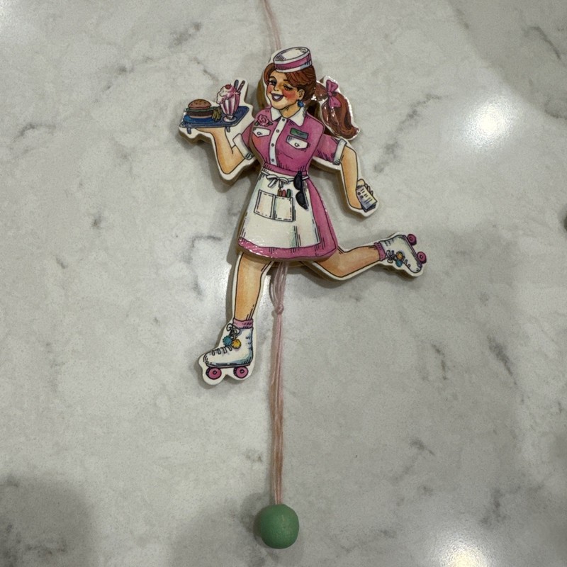 Carhop Pullstring Ornament Pink Midwest Importers Wood Vintage