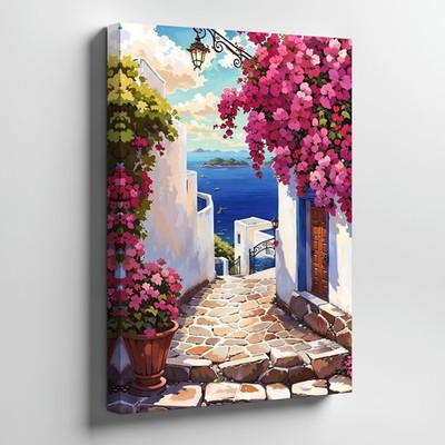 Mediterranean Street Scene Canvas Art Floral Pathway Ocean View Wall Decor Print