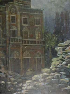 Robert Eid 1991 Öl auf Faserplatte Frauenhaus bei Stromausfall 66x50 cm MÄ-262