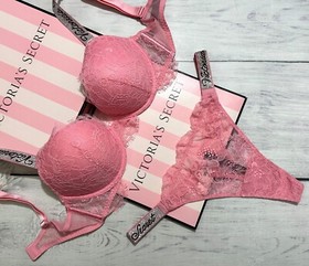 Victoria&rsquo;s Secret Shine Strap Very Sexy Lace Push-Up Bra Thong Set Pink Roses