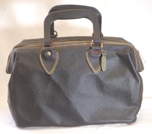Vintage Antique Black Doctors Tool Bag with Bass Tag F.I.M.