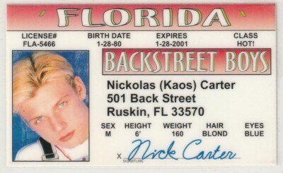 nick carter KAOS of the Backstreet Boys plastic ID card Drivers