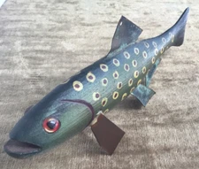 Signed JK 1950s Vintage Carved Wood Spotted Trout Fish Spearing Decoy Copper Fin