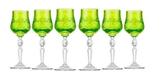 Neman Handmade Crystal Shot Glasses, Lime Color Stemmed Vodka, Liquor. Set of 6