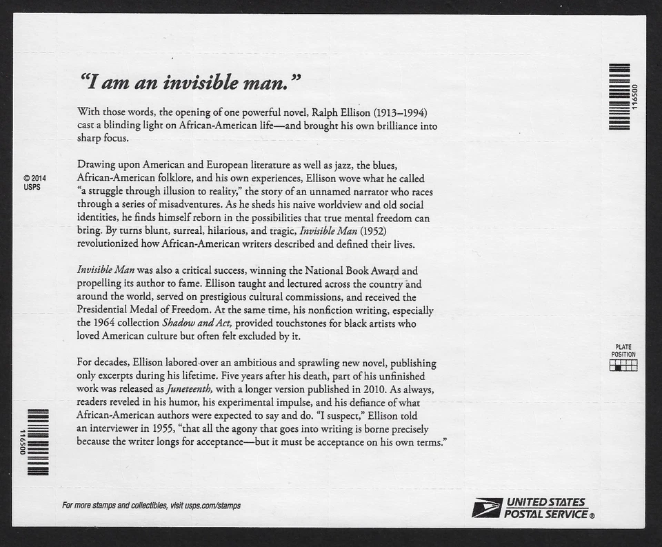 US Stamps Sheet of 20, Ralph Ellison, Literary Arts, #4866 MNH - Image 2 of 2