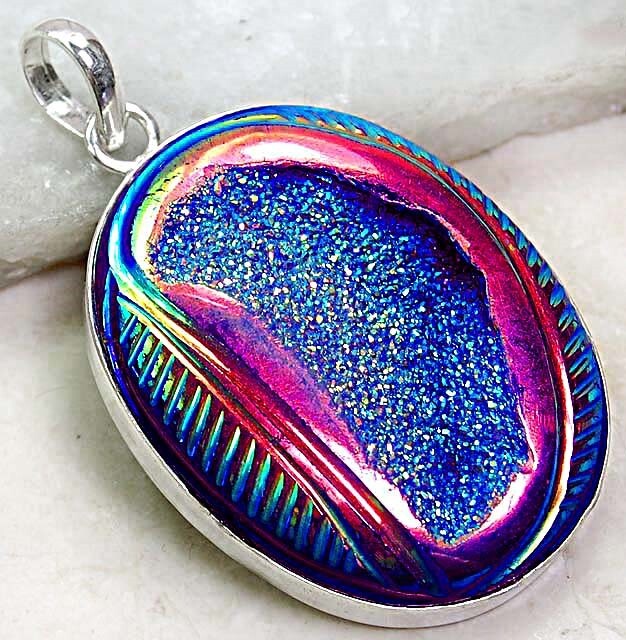 32CT Natural Titanium Druzy 925 Solid Sterling Silver Pendant @B19-4