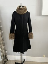 Louis Feraud Black Wool Coat, With Faux Fur Collar And Cuffs Size 10
