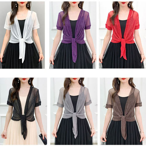 Women Shiny Mesh Cropped Cardigan Bolero Tops Shrug Sheer Open Front Shawl
