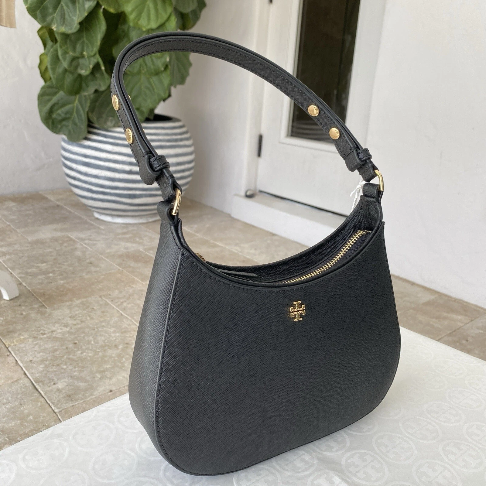 Borsa a tracolla Tory Burch Emerson Saffiano in pelle nera 150258 nuova con etichetta