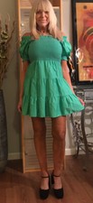 Alice Olivia Dress Green Off Shoulder Puff Sleeve Tie Back Fit Flare Fabulous 8