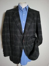 Vintage 36R Black Brown Plaid British Tweed Sport Coat Blazer Jacket Britain