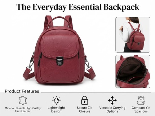 Women’s Red Faux Leather Casual Backpack Convertible Should Handbag Daily
