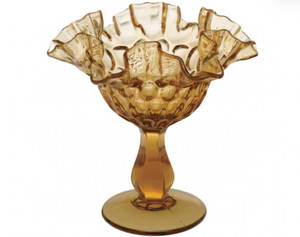 Vintage Fenton Thumbprint Ruffled Edge Amber glass 6” Pedestal Dish bowl compote