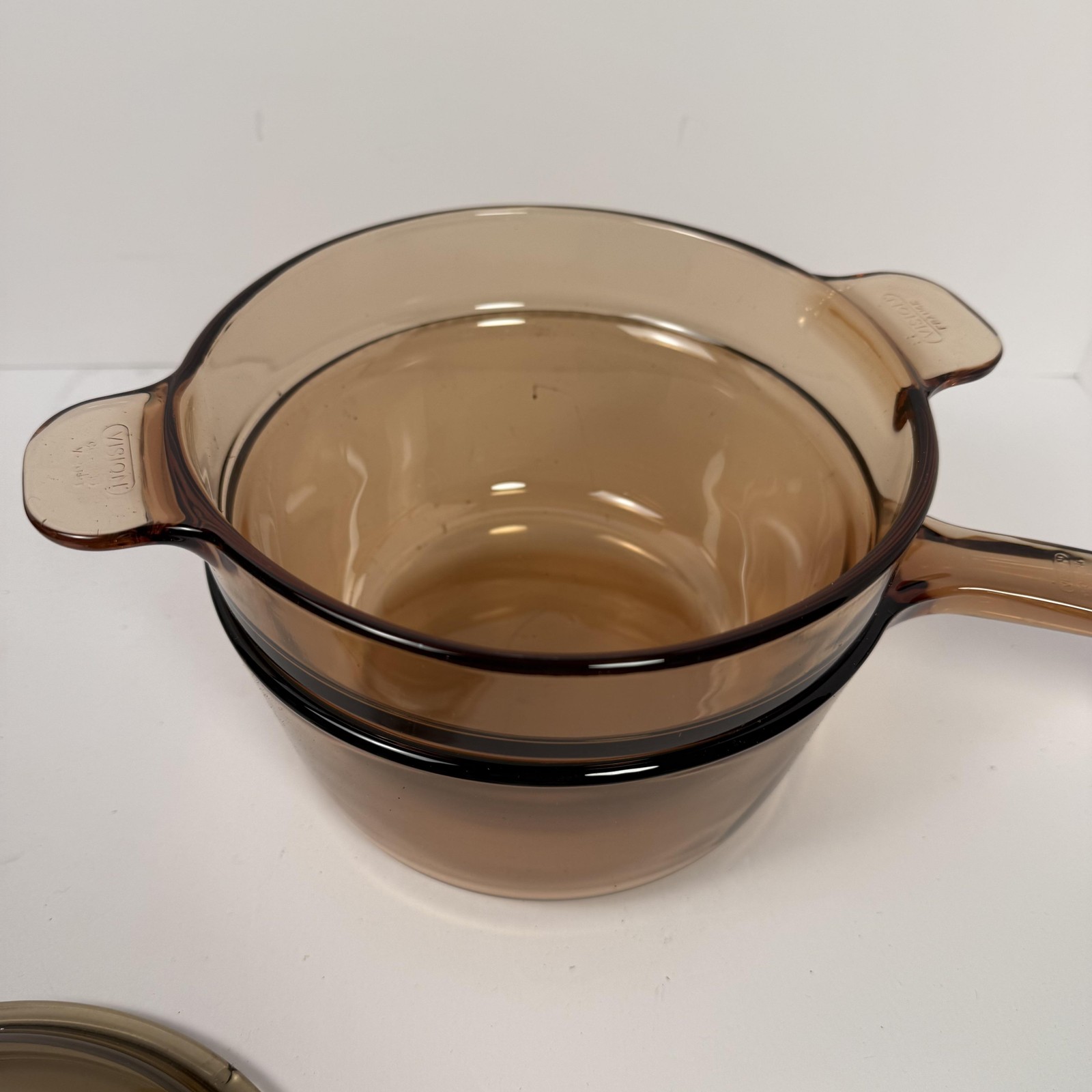 Vintage CorningWare Visions Rangetop Cookware Set Brown Glass Pots Lids USA 7 Pc