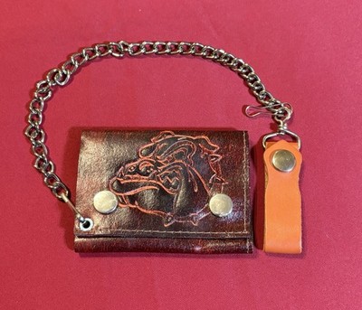 Men's Chain Wallet Brown Bulldog Accent Orange Interior Snap Closure