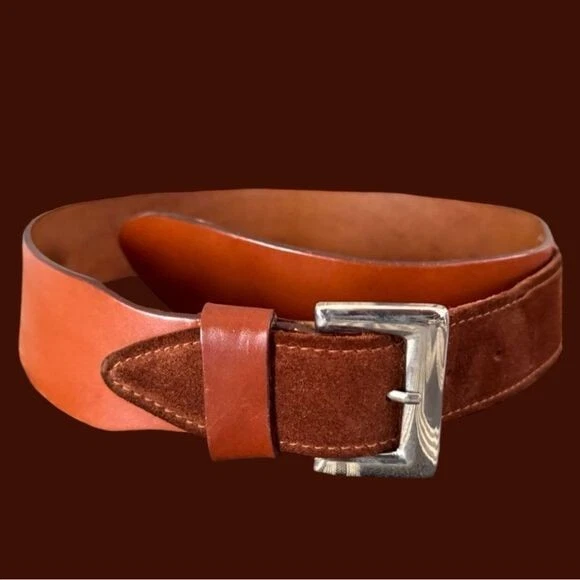 VTG Garfinckel’s Brown Leather Suede Double Flap Belt Size S/M THE MONTANA - 2 ply Suede lined Leather belt-1.5 main image 4