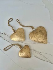 HEART WALL ART-Set of 3 Puffed Rustic Gold Hearts w/Jute for Hanging, Home Decor
