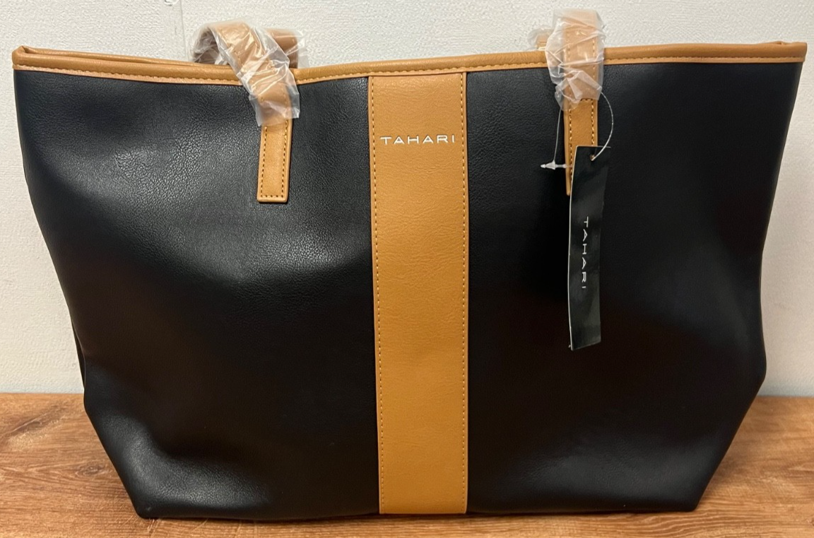 TAHARI TOTE BAG Black Taupe Vanchetta PURSE LARGE TN1333 