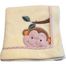 EUC Lambs  and Ivy Yellow Monkey Face W/ Leaves Baby Fleece Plaid Trim Blanket