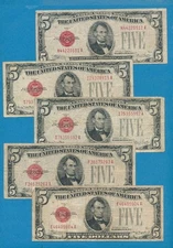 5-$5.00 1928  MIXED RED SEAL  LEGAL TENDERS  AVERAGE CIRCULATED  DEALERS LOT