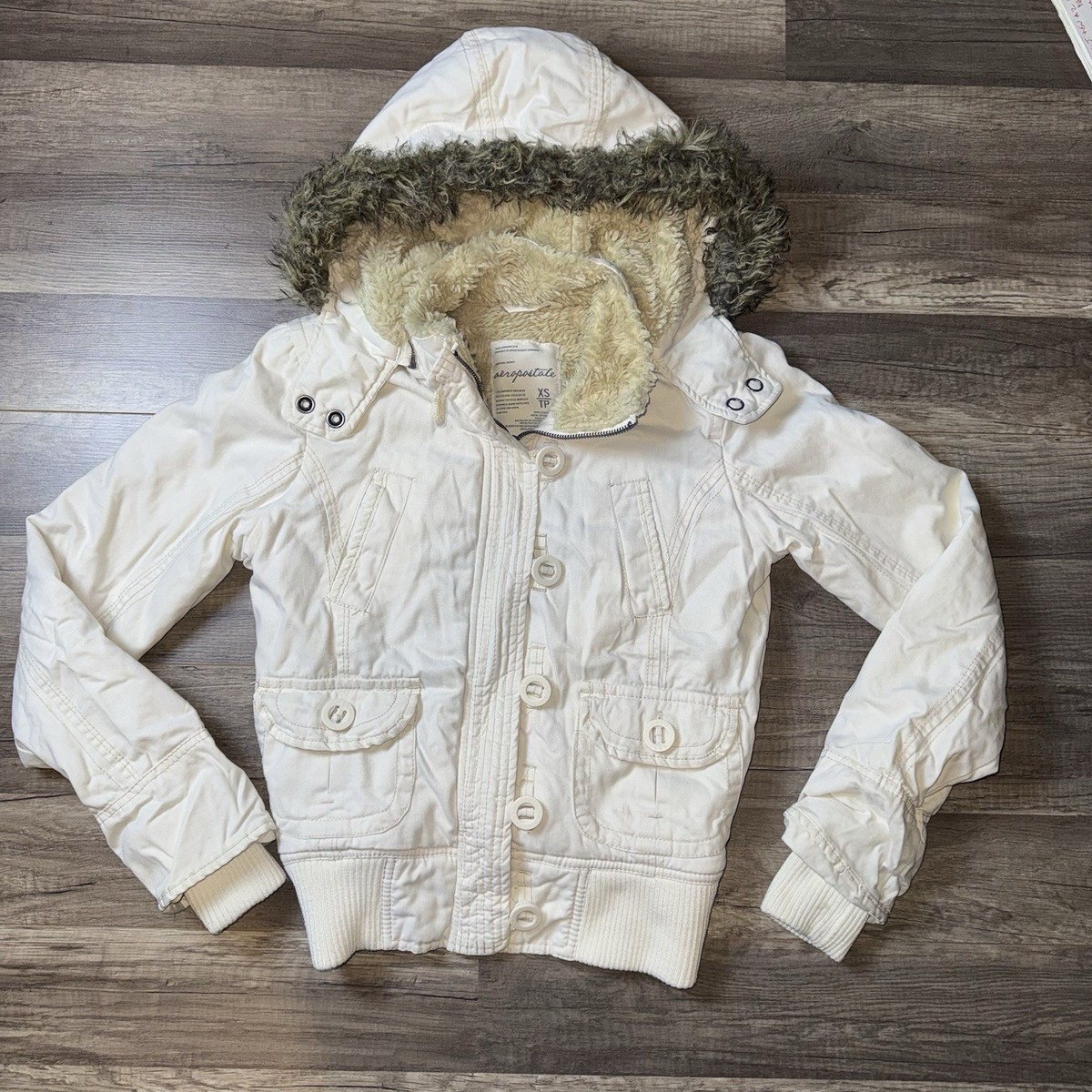 Vintage Y2K Aeropostale Women's Faux Fur Lined Hooded Bomber