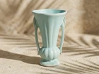 McCoy 9" Turquoise Matte, Double Handled Trumpet Shaped Vase, Vintage, has chip