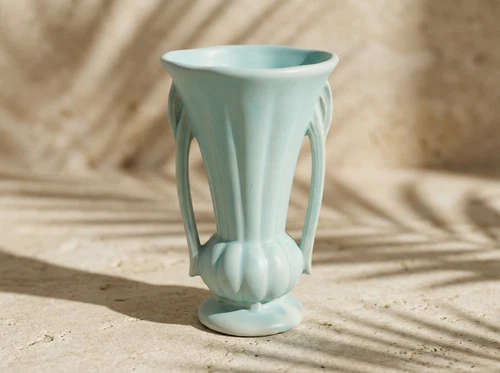 McCoy 9" Turquoise Matte, Double Handled Trumpet Shaped Vase, Vintage, has chip