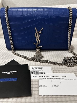 Authentic Saint Laurent Kate Medium Blue Croc Calfskin Bag Tassel Silver