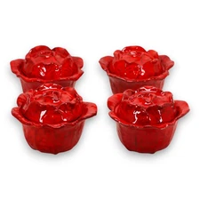 PV Peasant Village 4pc Set Italy Red Cabbage Rose Bud Covered Soup Bowl Vintage