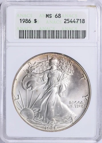 1986 1 oz Silver American Eagle Anacs Soapbox Ms68 Toned