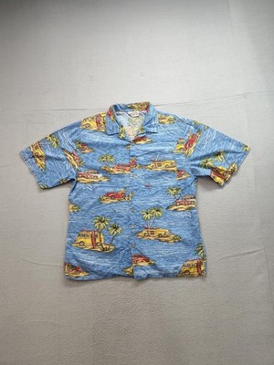 Islands Hawaiian Shirt Mens Large Blue Aloha Camp Button Front Surf Cars Beach