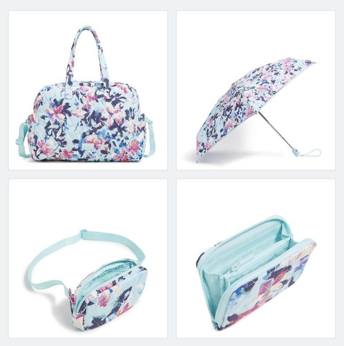 Vera Bradley Grand Traveler Bag Floating Blossoms + Umbrella Belt Bag Zip Wallet - Picture 1 of 9