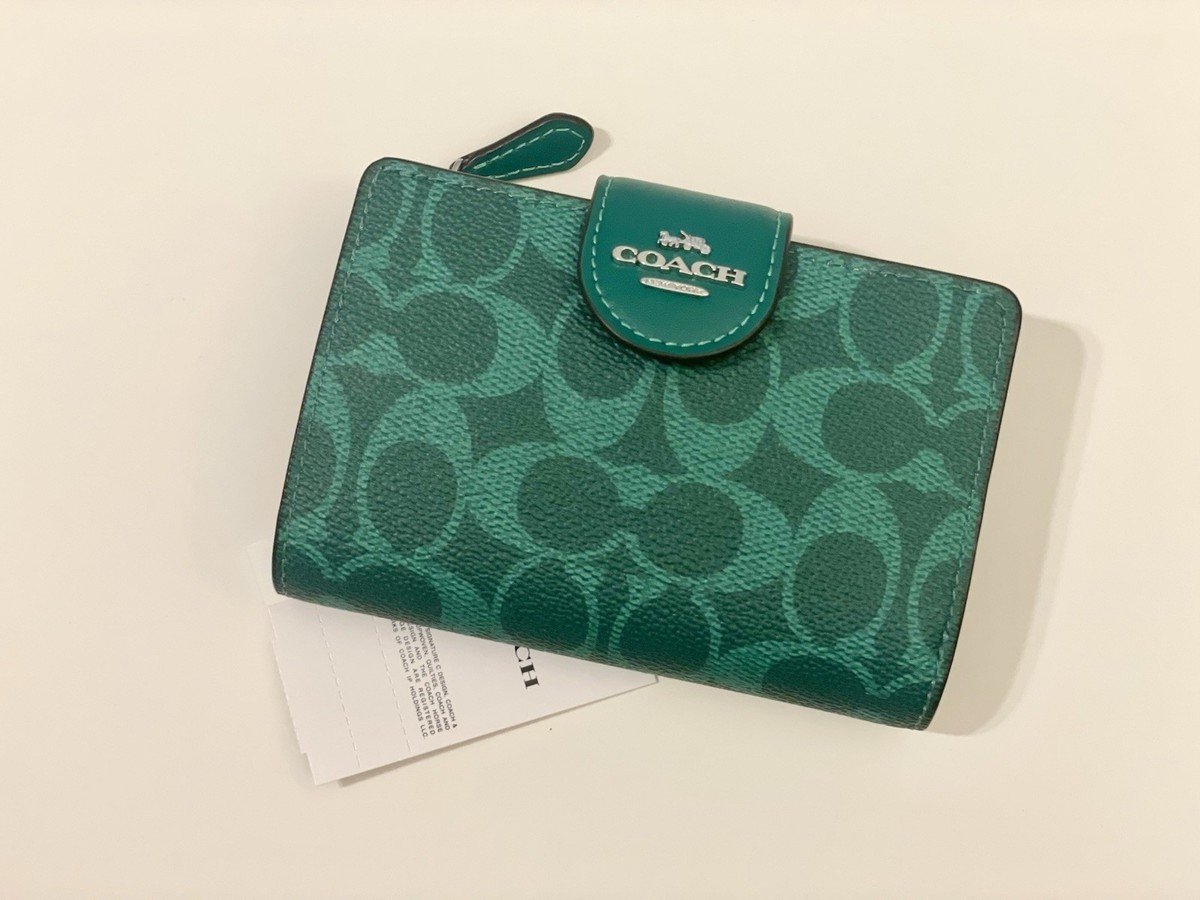 NWT Coach Medium Corner Zip Wallet In Signature Canvas Bright Jade