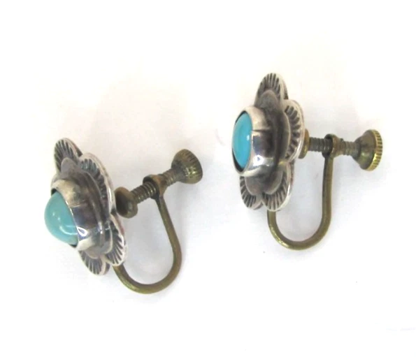 Early Navajo 1940 Brass and Sterling Silver Turquoise Earring Screwbacks - Image 3 of 4