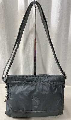 KIPLING METALLIC Charcoal Gray travel crossbody bag Silver Tone Monkey Charm