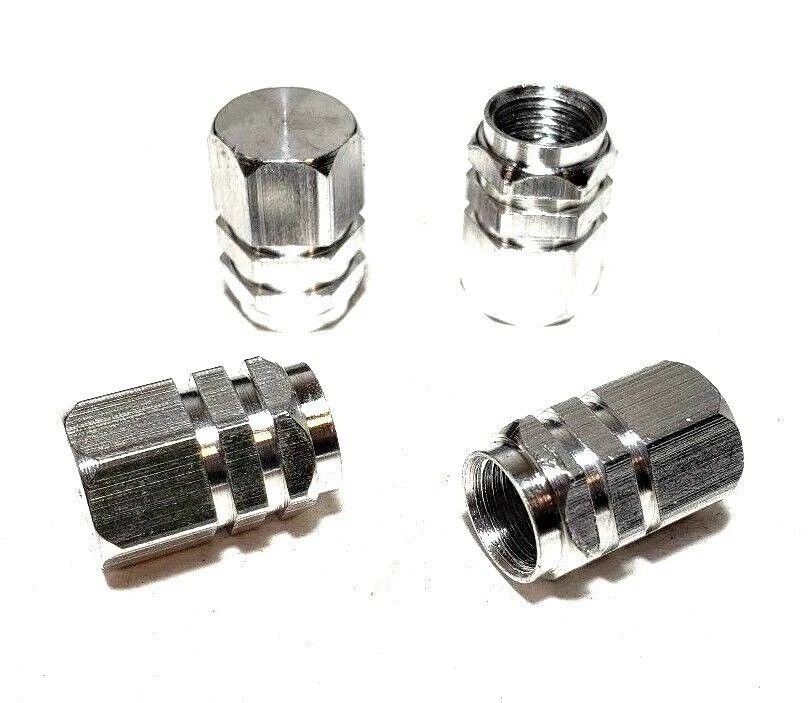 4 X VÁLVULA DE LLANTA/LLANTA DE ALUMINIO/PUERTO DE AIRE DE RUEDA CUBIERTA ANTIPOLVO VÁSTAGOS TAPA/TAPAS PLATEADAS Foto 2 de 4