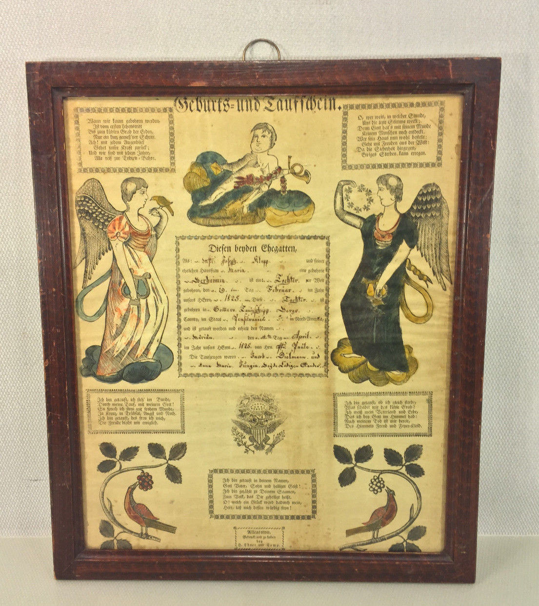Antique 1825 Fraktur Hand Colored Putti and Angels H Ebner Allentown, PA