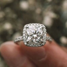 3.20Ct Cushion Cut VVS1 Moissanite Halo Engagement Ring 14k White Gold Plated