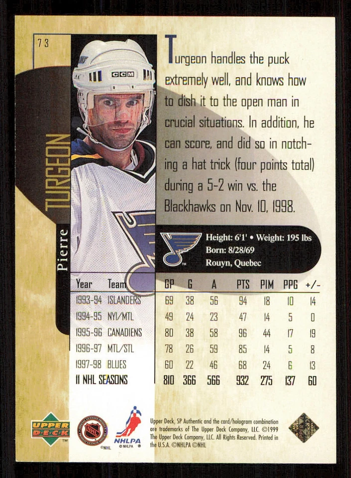 1998-99 SP Authentic Power Shift #73 Pierre Turgeon /500 - Image 2 of 2