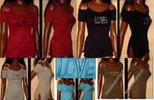 Sexy Miss Donna Girly Top Lungo Ricamo Love Paillettes XS/S Rosso Nero Nuovo