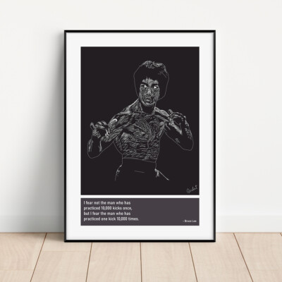 Bruce Lee Skizze Kunstdruck Poster + Zitate (Motivation, Sport, Kampfkunst)