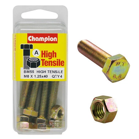 CHAMPION BM55 METRIC HIGH TENSILE BOLTS & NUTS M8 x 1.25 x 40mm PACK OF 4 - Picture 3 of 4