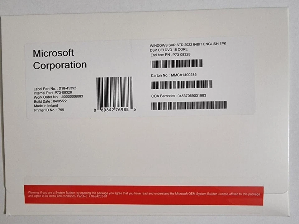 Microsoft Windows Server 2022 Standard 16 Core DVD