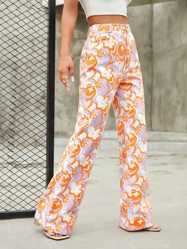 Shein High Waist Flower Print Flare Jeans Size 2 | eBay