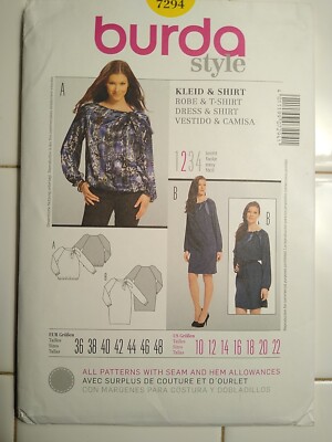 Burda 7294 Size 10-22 Pullover Dress or Top Pattern w Tie Knot Detail UNCUT 