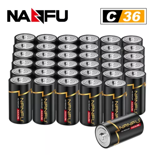 NANFU Alkaline C Cell Batteries, Leak-Resistant 1.5V 36 Count Alkaline Batteries