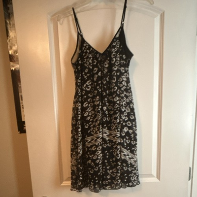 #ad Express Black White Animal Print Strappy V Neck Midi Slip Dress Sleeveless M $12.00