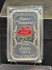 June 1974 Happy Birthday Enameled Rose 1 Troy Oz .999 Fine Silver Bar Ceeco Mint