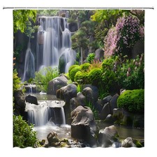 Garden Waterfall Shower Curtain Green Plants Stone Stream Nature Fabric 70in